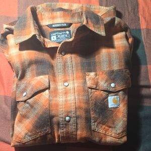 Carhartt Rugged Flex Orange and Dark Brown Plaid Shirt